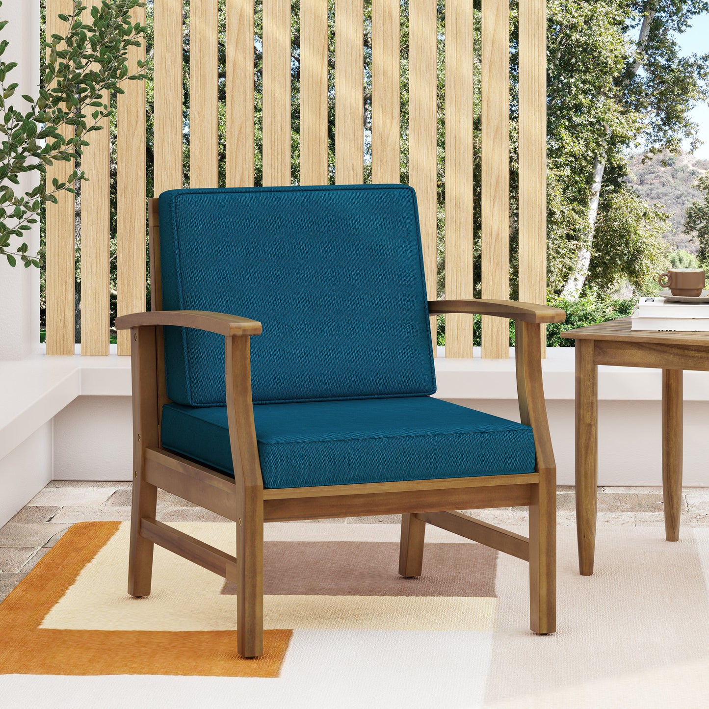 TREATLIFE HOME Club Chair with Water-Resistant Fabric and Acacia Wood Frame, Modern Design for Patio Use, Blue