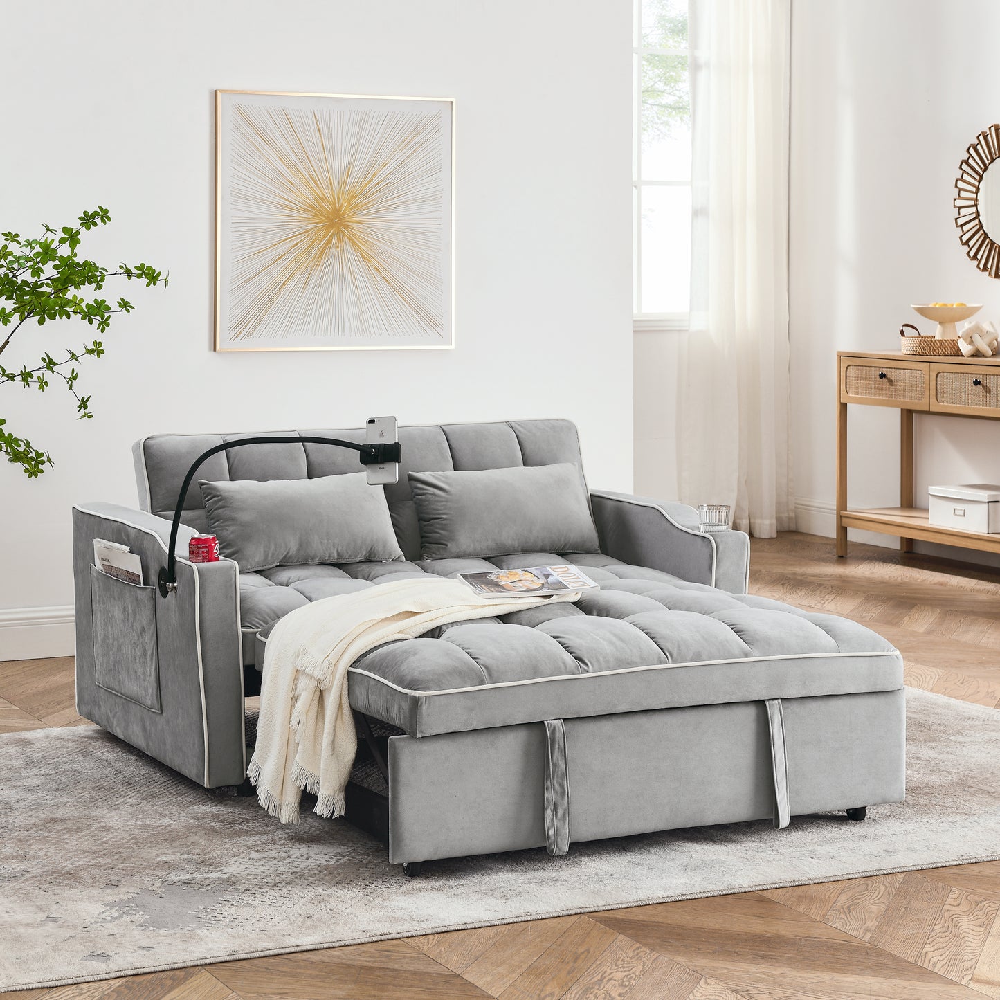 TREATLIFE HOME Versatile Foldable Sofa Bed with Adjustable Back, USB Port and Phone Stand, Modern Design, Grey