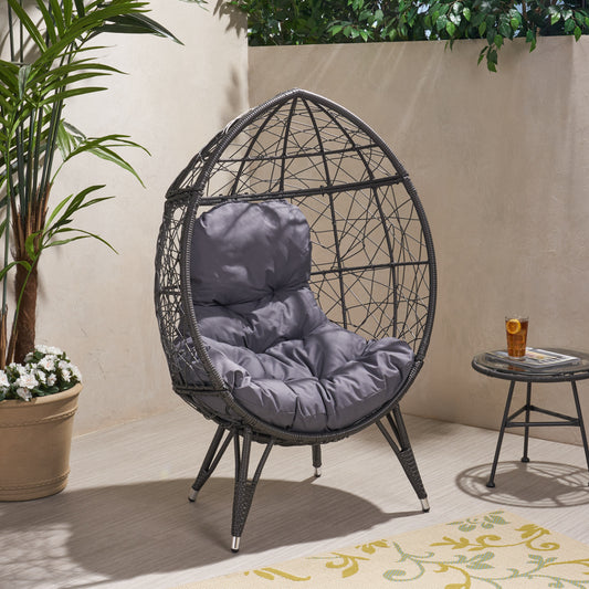 TREATLIFE HOME Wicker Teardrop Chair with Outdoor Cushion, Unique Mesh Design, Comfortable Grey Color