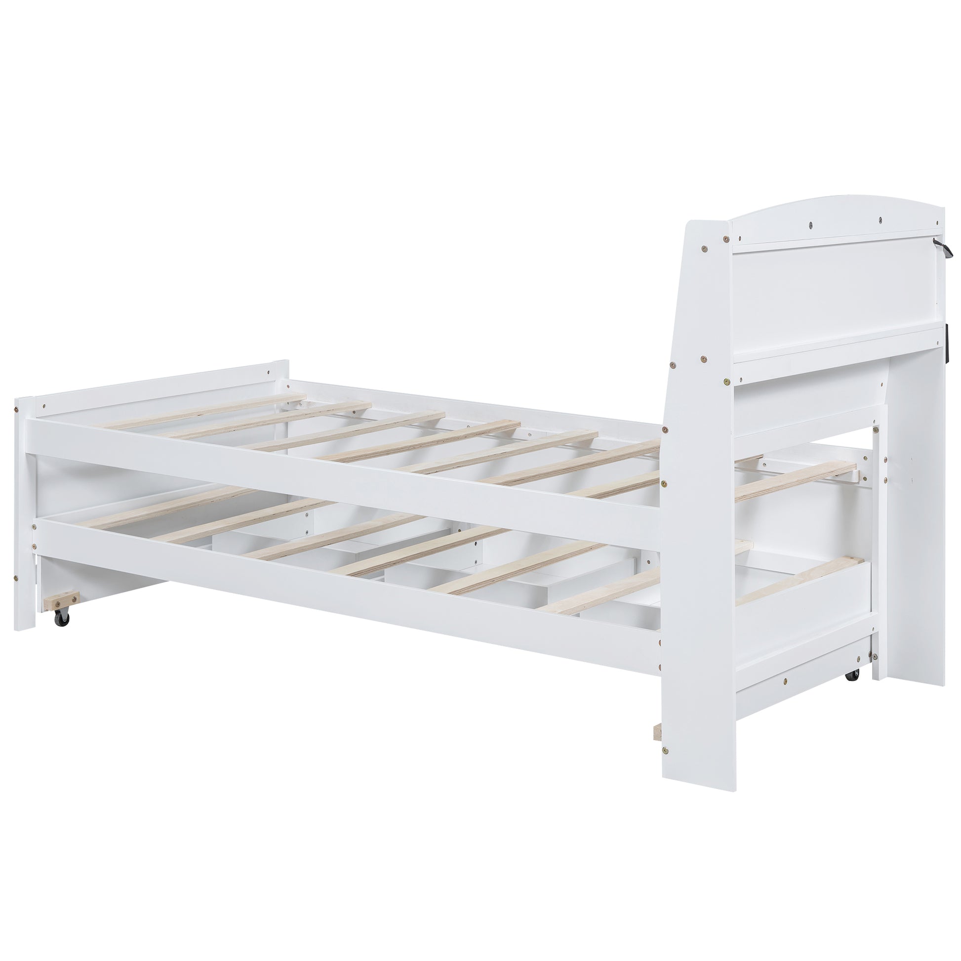 White twin bed frame with wooden slats and a wheeled trundle bed base