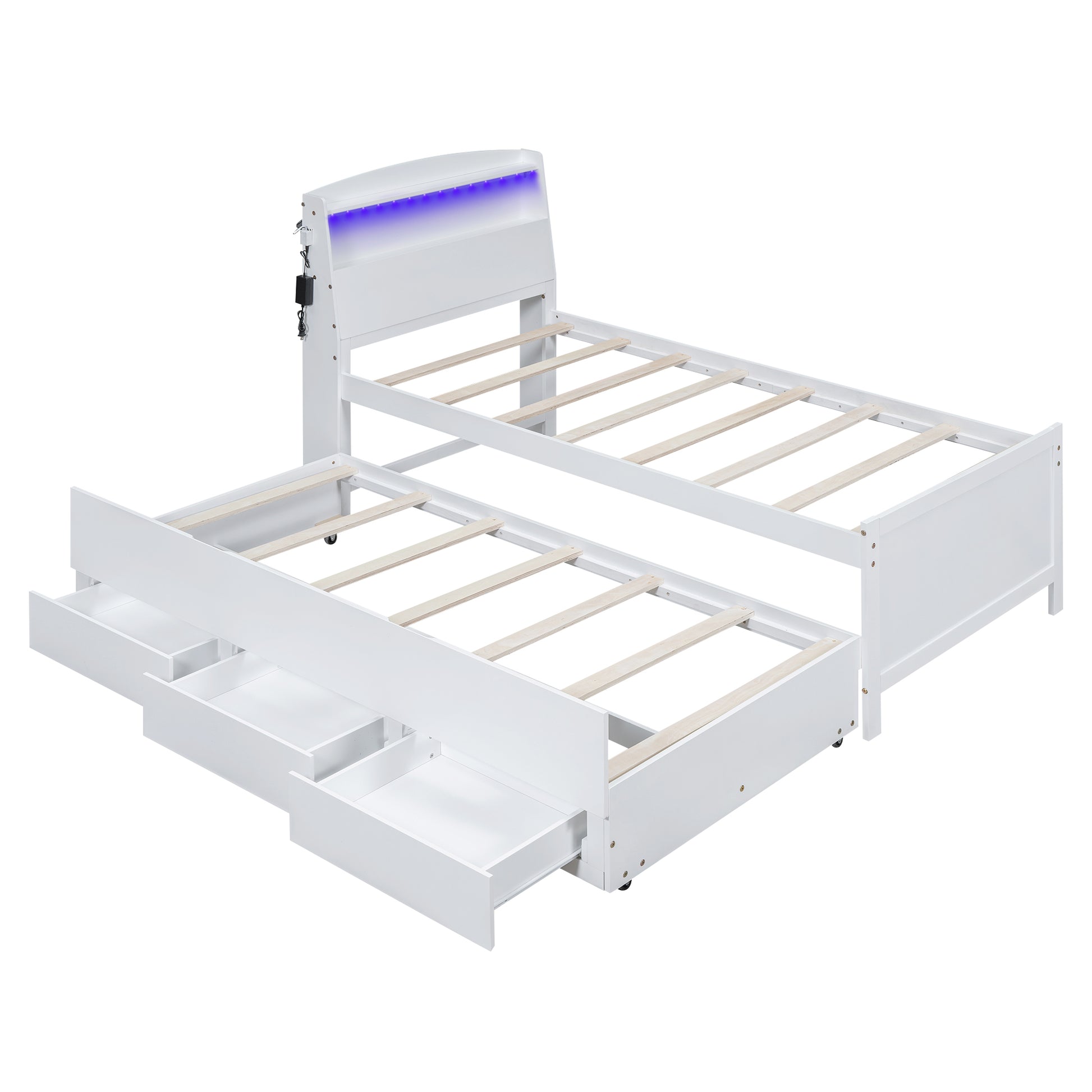 White twin captain bed with LED headboard and three storage drawers