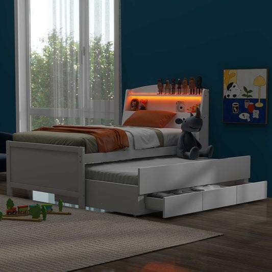 White twin bed with trundle and builtin LED light shelf for kids room