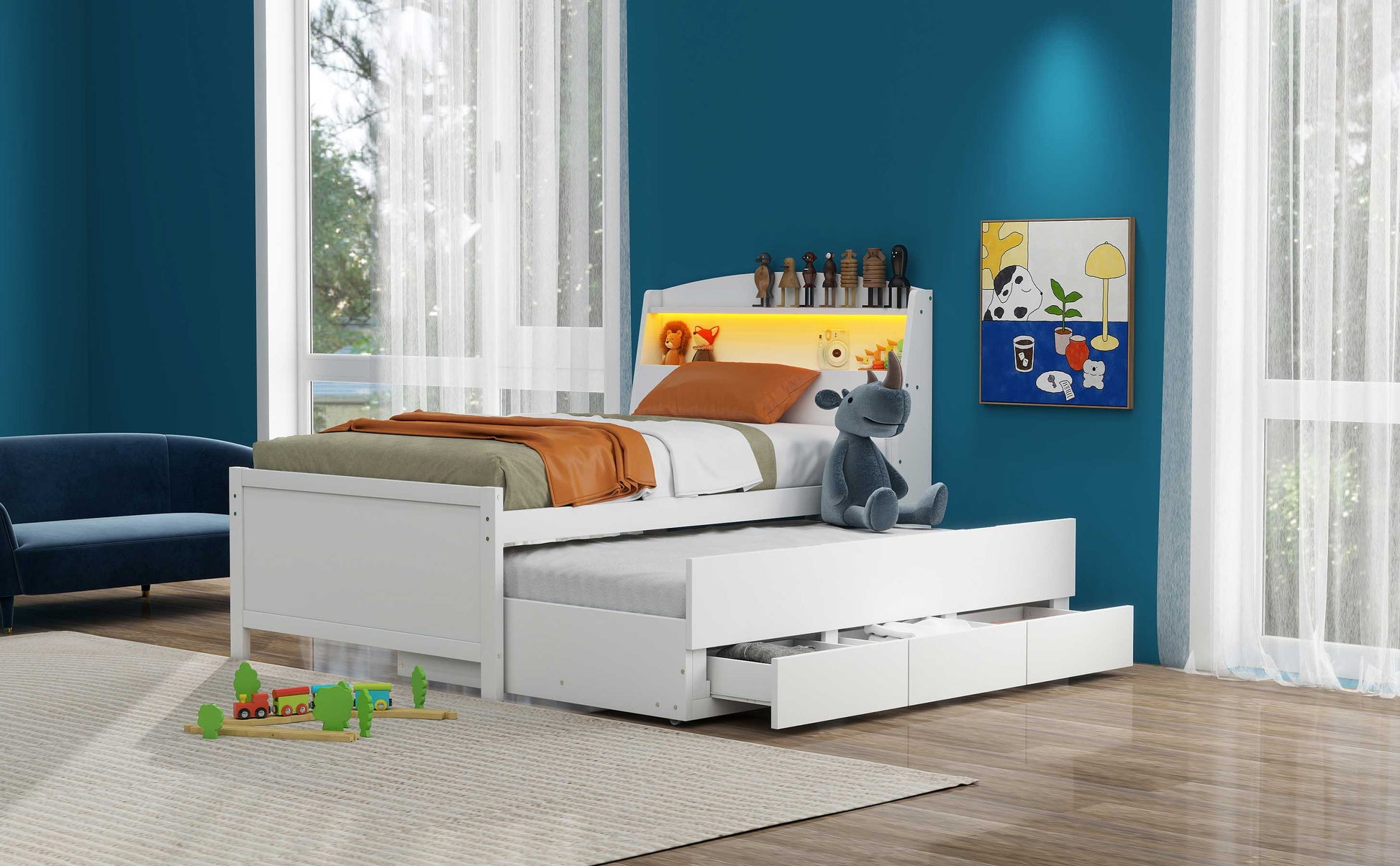 White twin captains bed with integrated storage drawers and pullout trundle