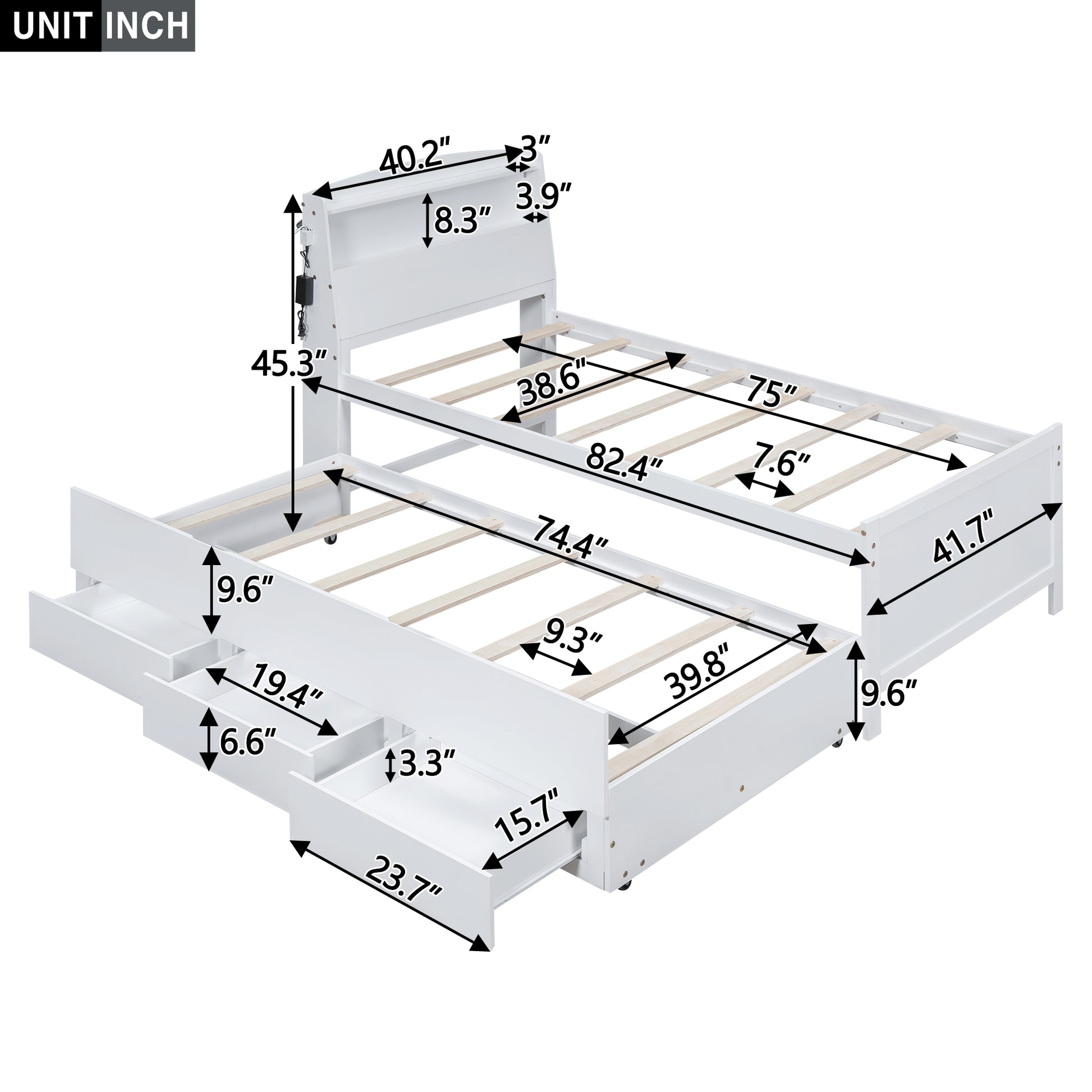 White twin daybed with drawers showing dimensions for frame and storage