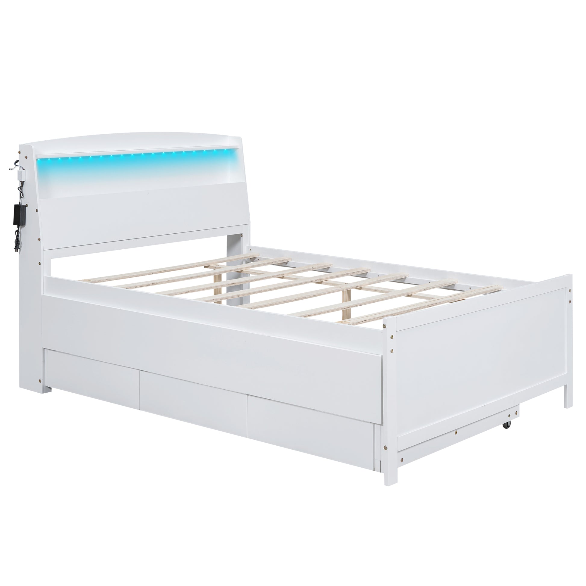 Modern white twin bed frame with builtin LED lights and storage drawers for kids rooms