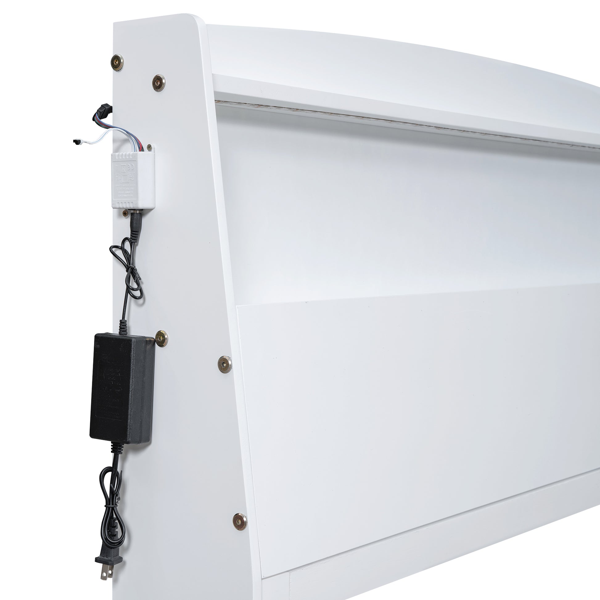 White modern bookshelf with integrated LED power adapter and controller attached