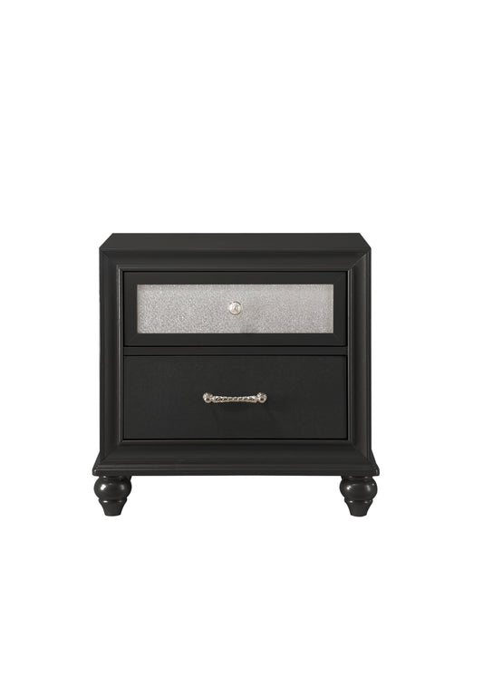Black nightstand with mirrored drawer front and silver hardware