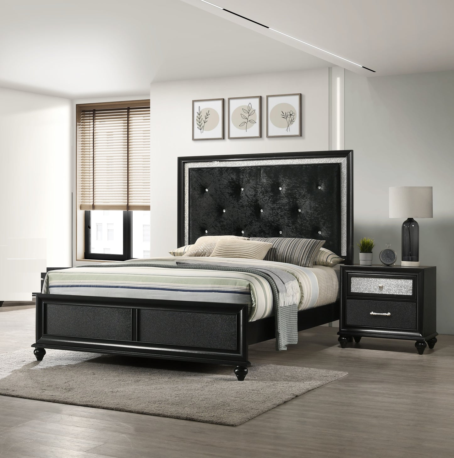 Black velvet tufted king bed frame with crystal accents and matching nightstand