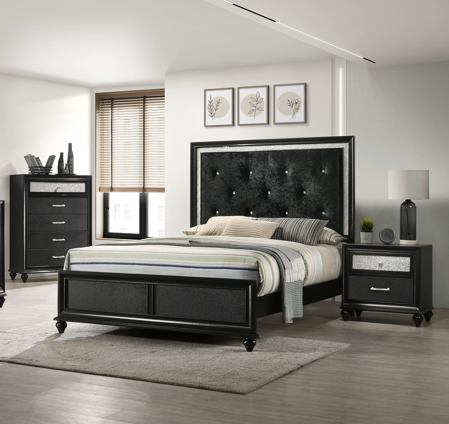 Black velvet tufted headboard bed with crystal accents