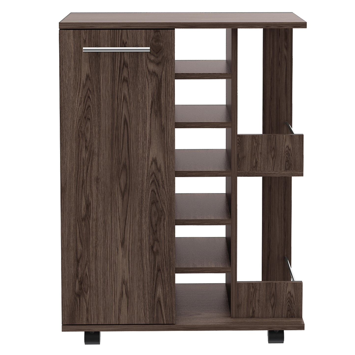 Dark wood rolling bar cart with shelves and a cabinet
