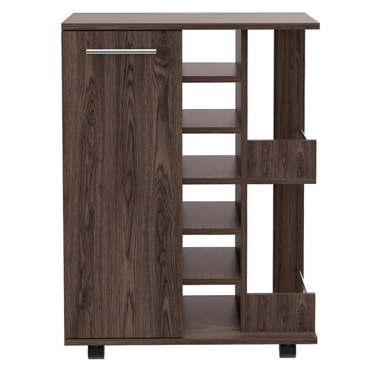 Dark wood rolling bar cart with shelves and a cabinet