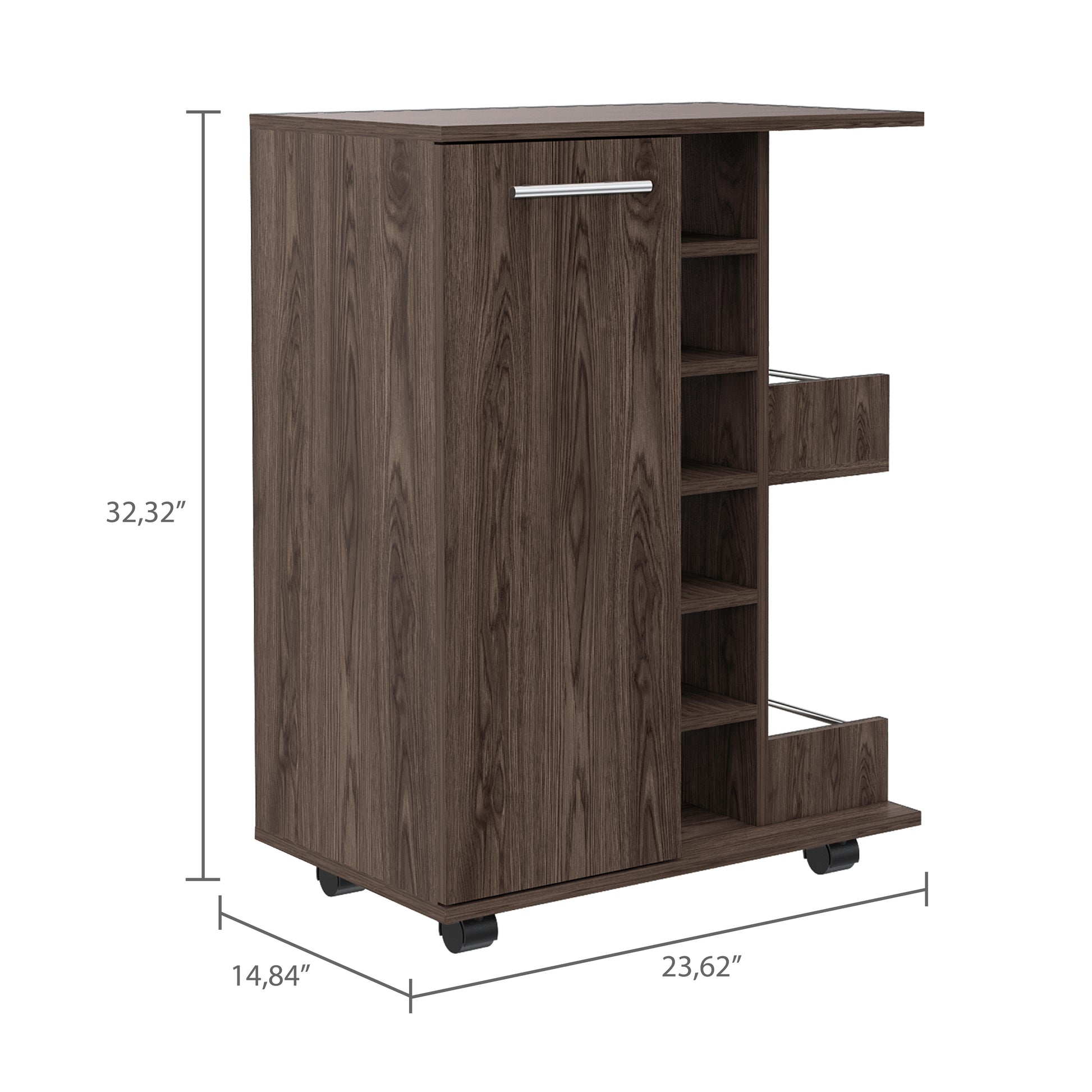 Dark brown wood grain bar cart with silver handle and wheels