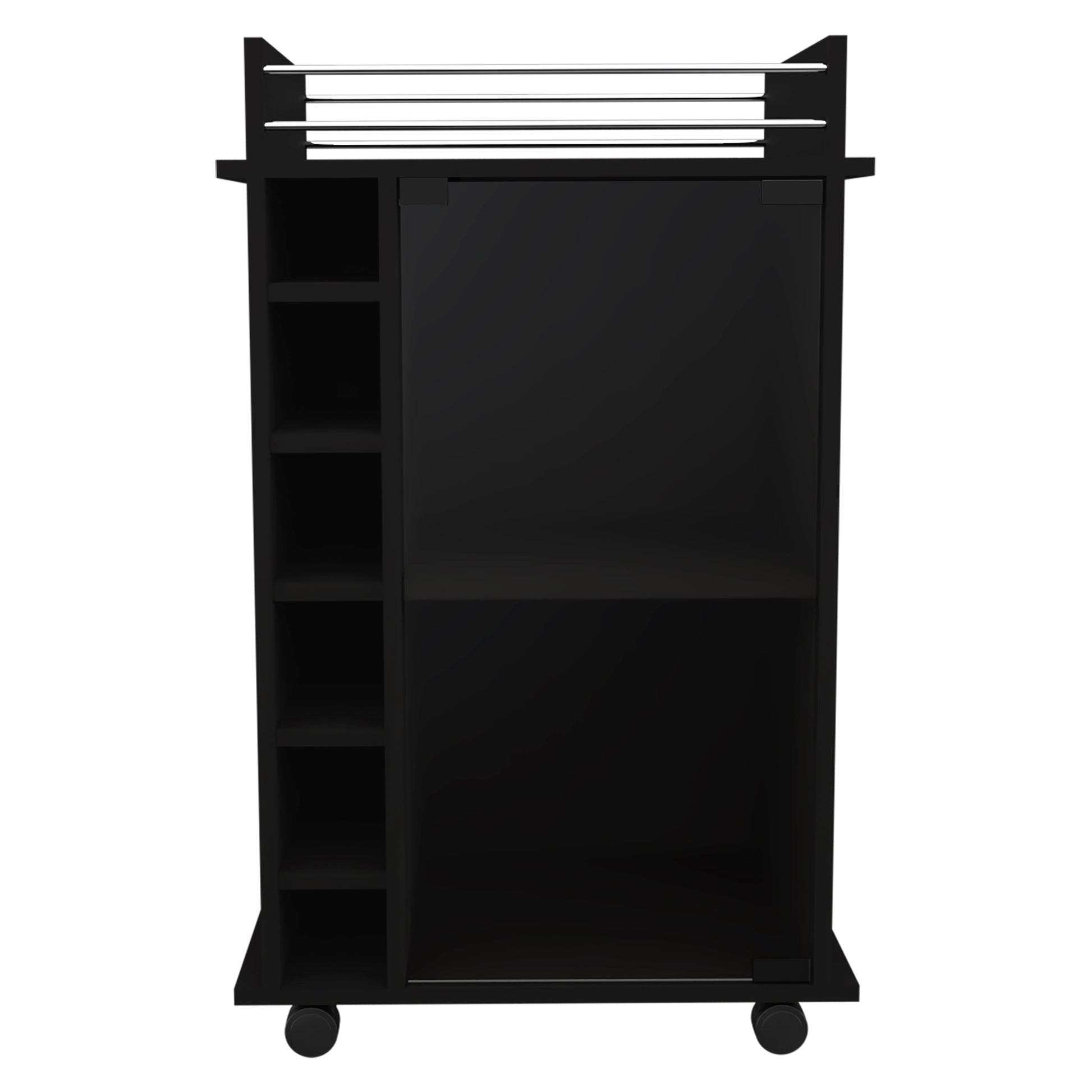 Sleek black rolling bar cart with open shelves and a cabinet door
