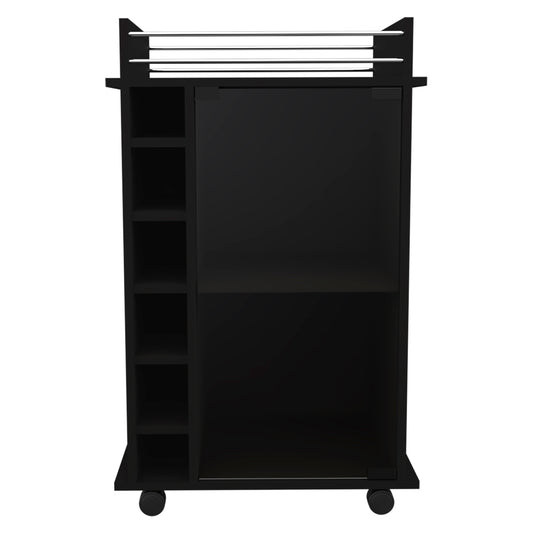 Sleek black rolling bar cart with open shelves and a cabinet door