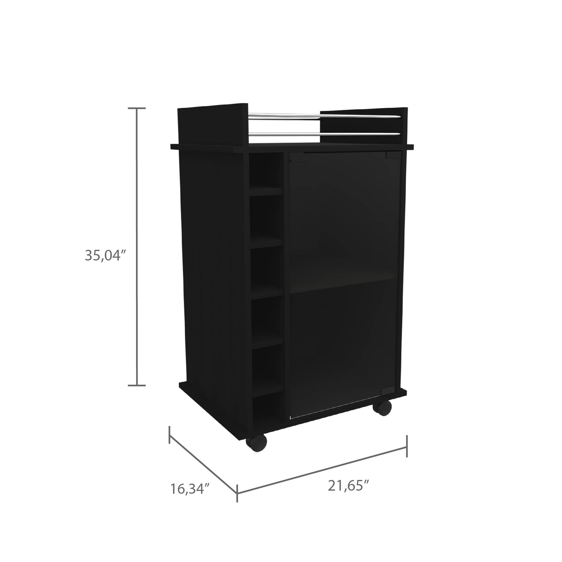 Black kitchen cart with  bottle wine rack and sliding door
