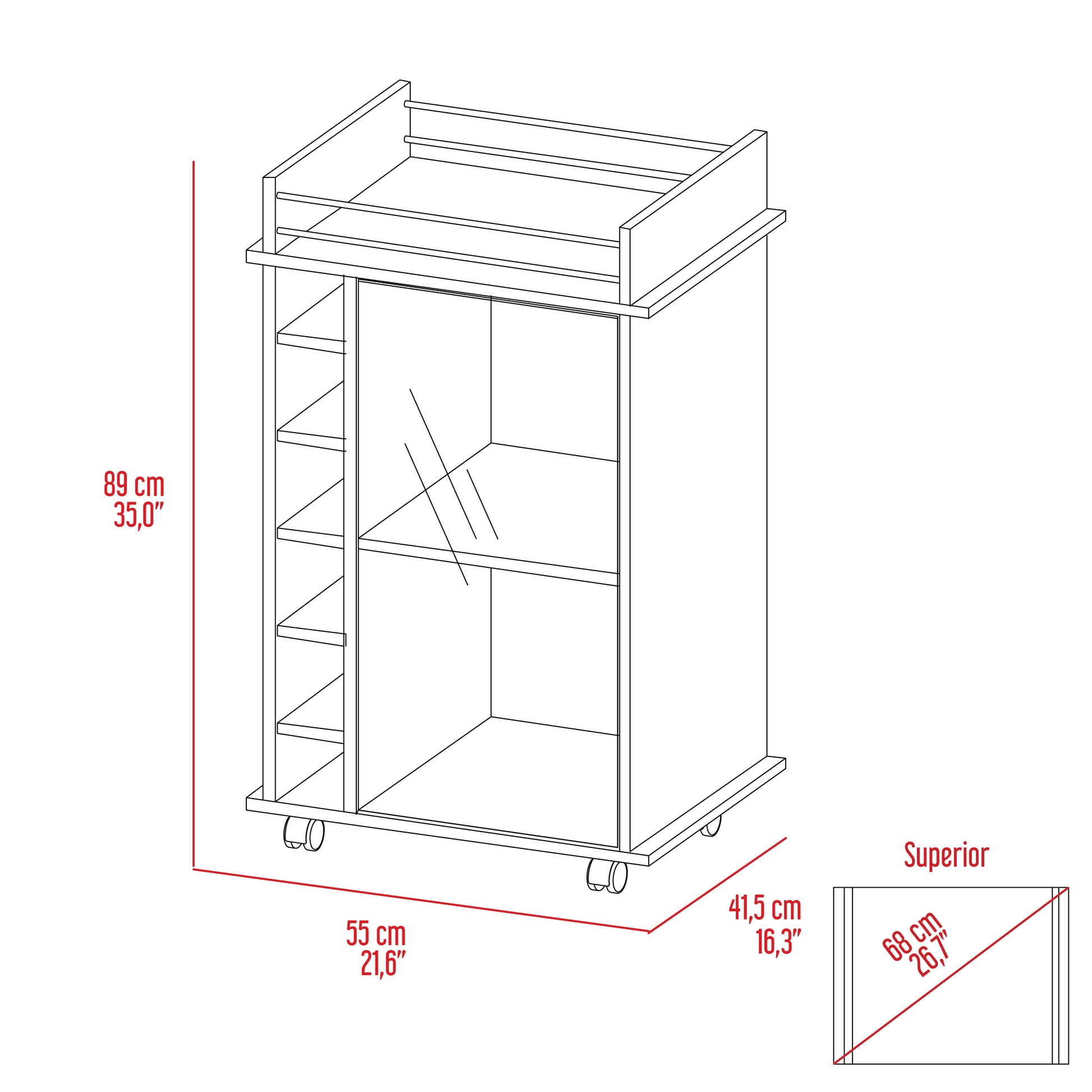 White wheeled bar cart with open shelves and two compartments
