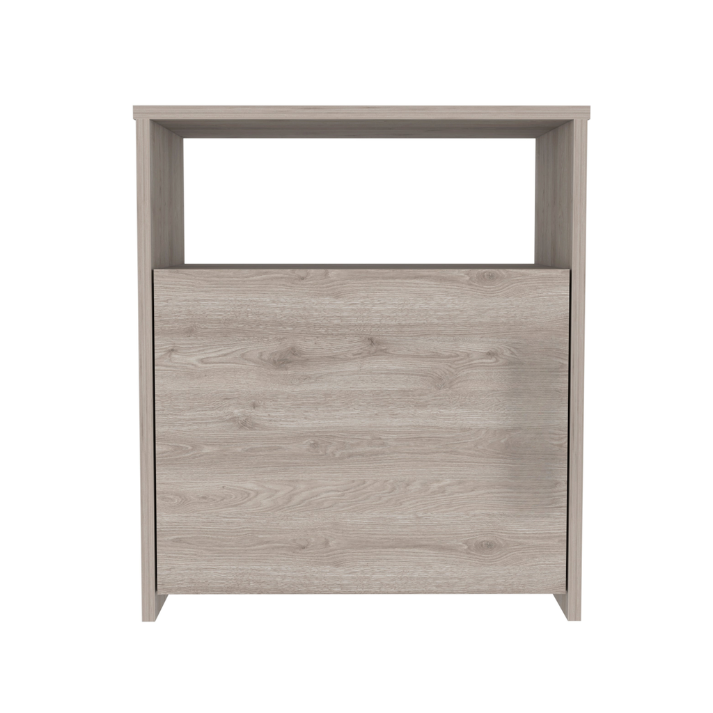 Wooden entryway bench with open shelf and closed cabinet