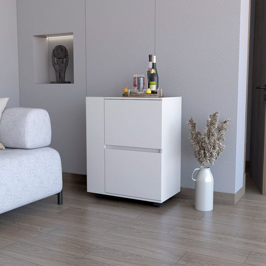 White twodrawer modern cabinet with casters and minimalist silver handles