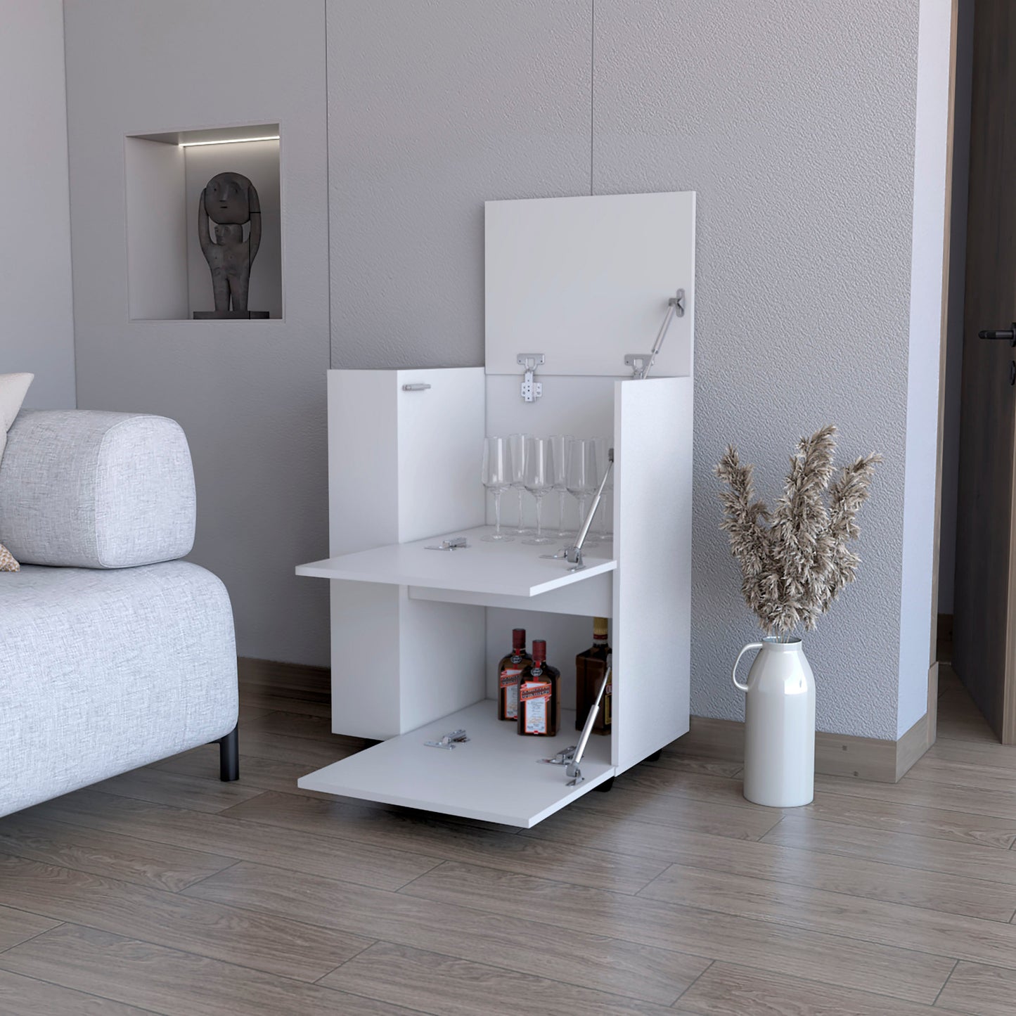 White modern bar cabinet with glasses and bottles