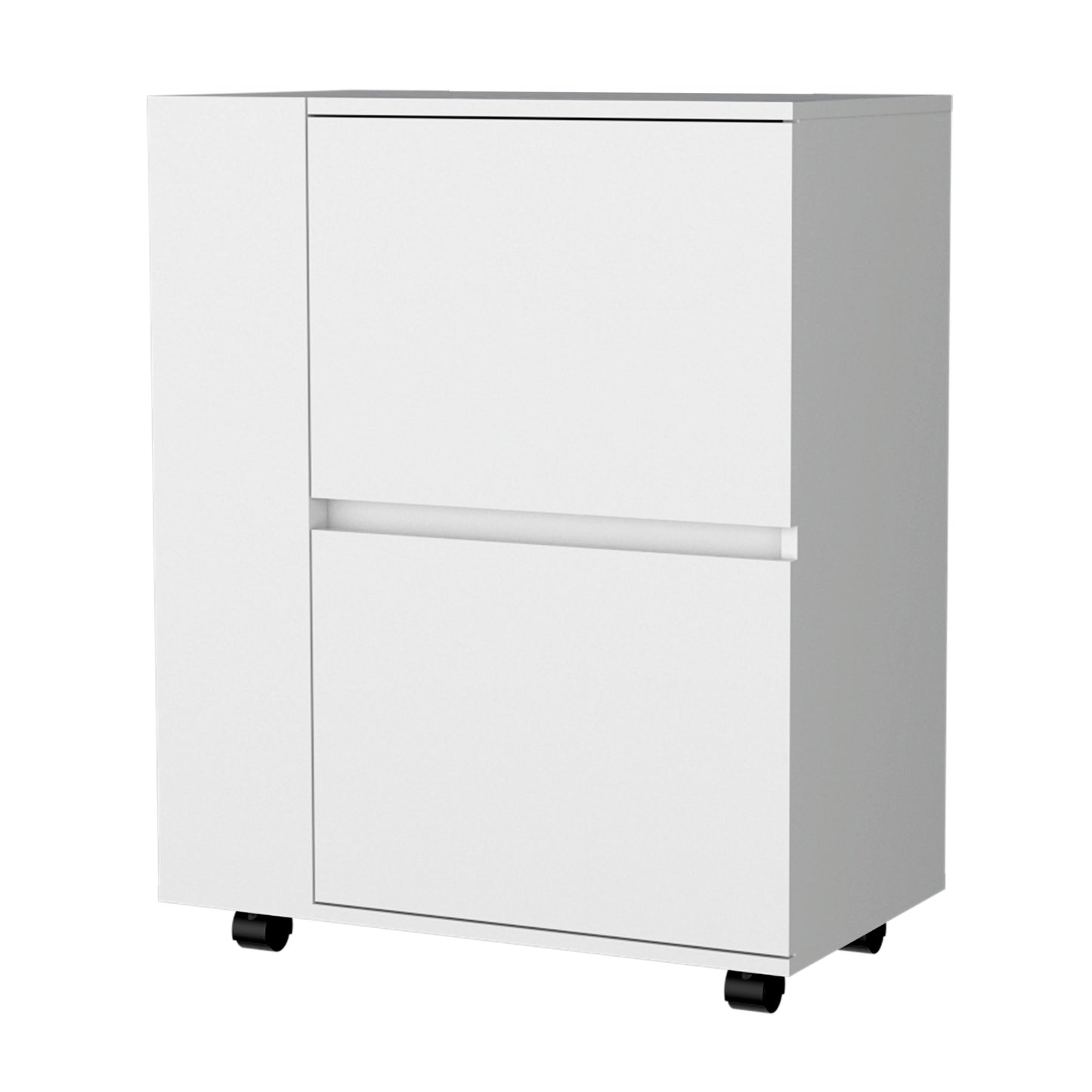 Sleek white mobile filing cabinet with two drawers and minimalist design