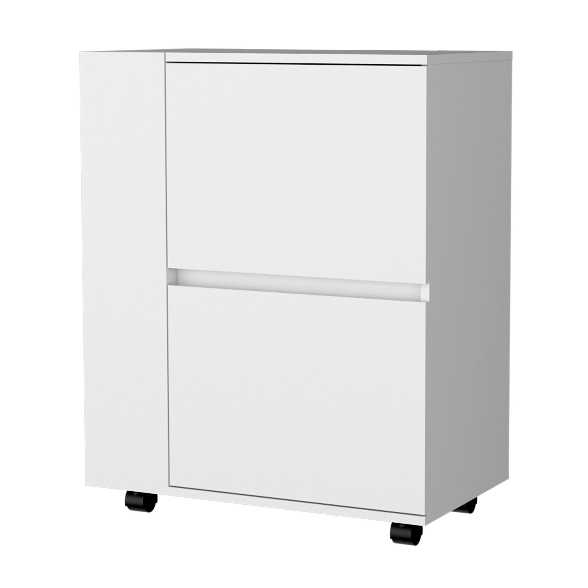 Sleek white mobile filing cabinet with two drawers and minimalist design