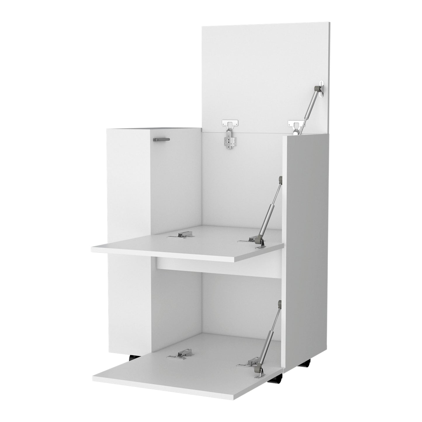 White metal storage cabinet with gas hinges on doors