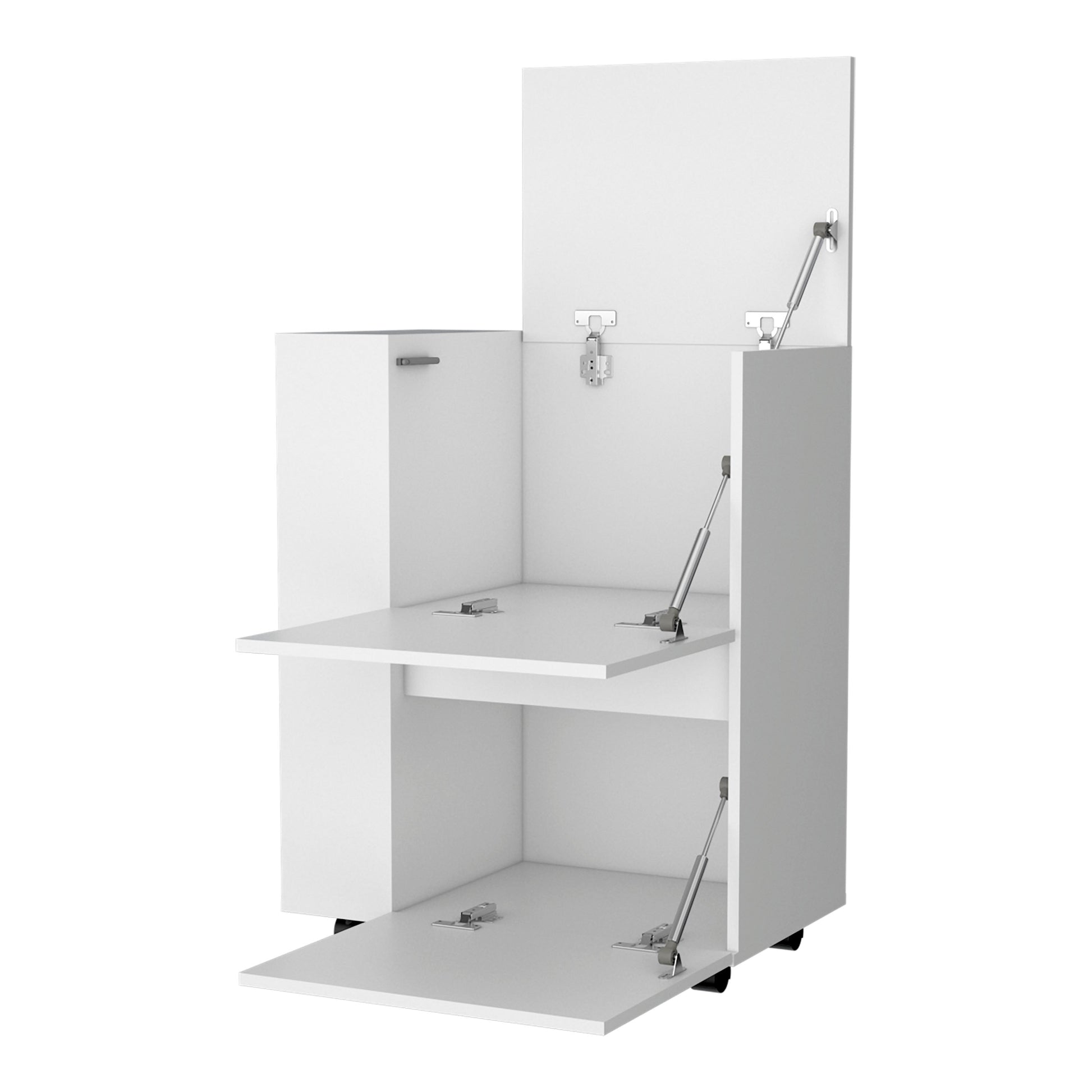 White metal storage cabinet with gas hinges on doors