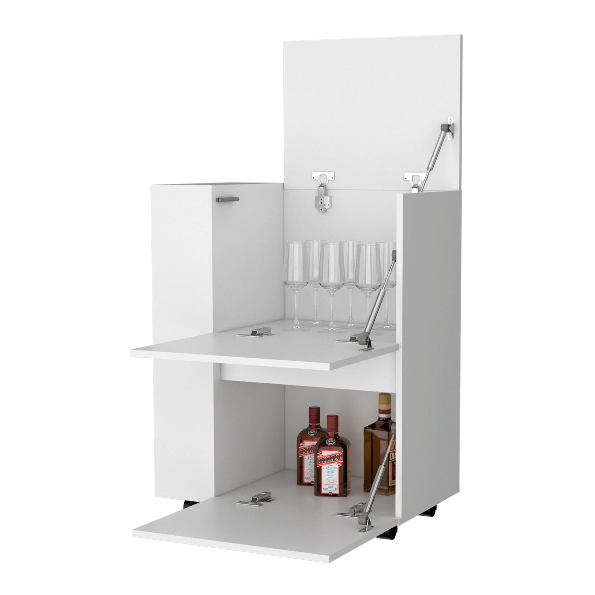 White contemporary bar cabinet with wine glasses and liquor bottles