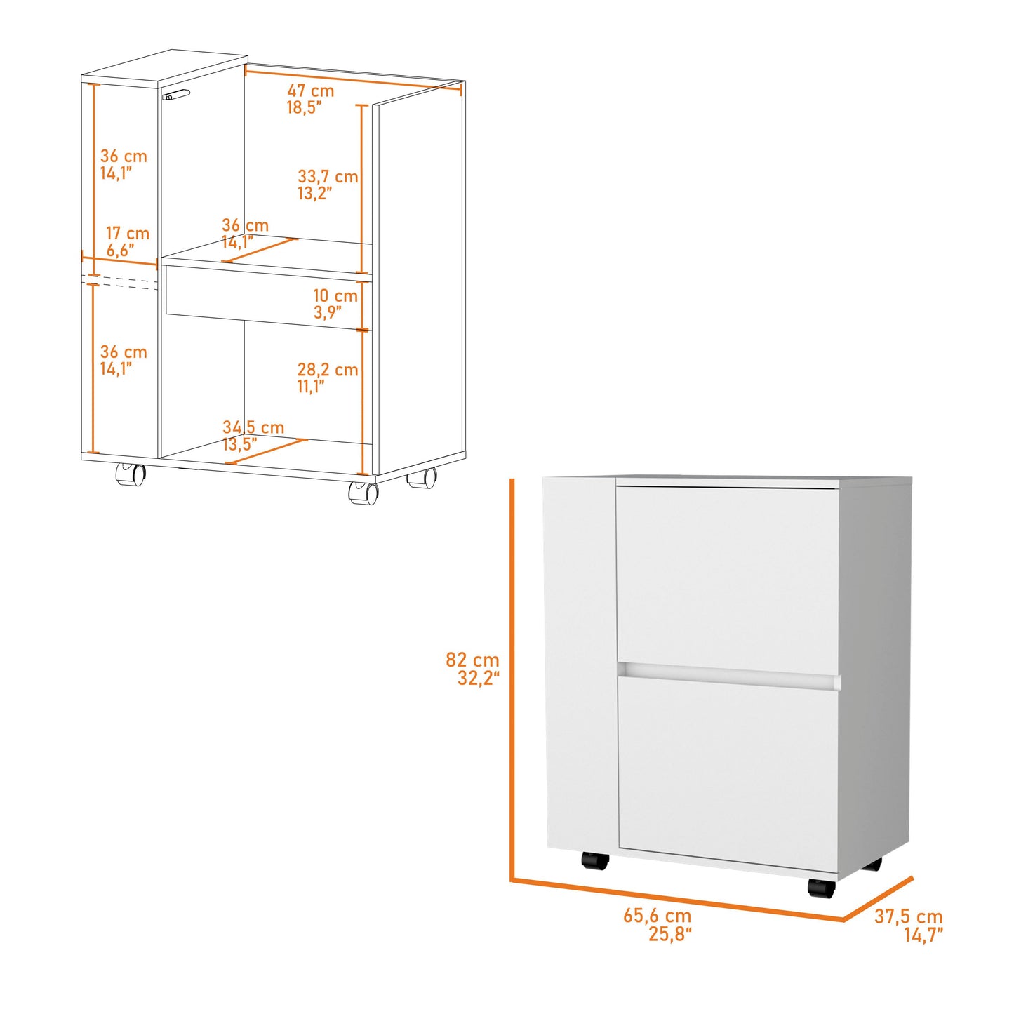 White rolling storage cabinet with two drawers and open shelf