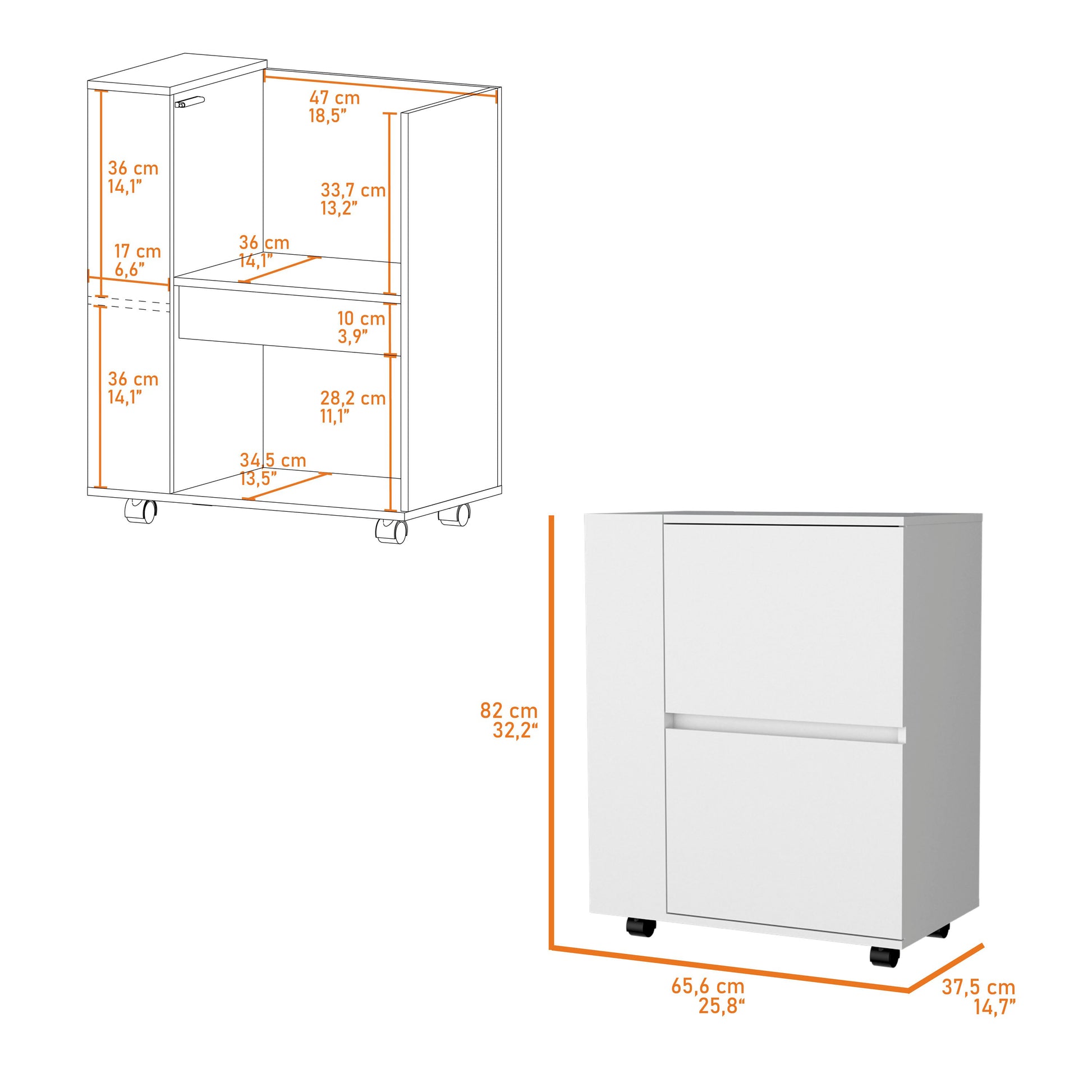 White rolling storage cabinet with two drawers and open shelf