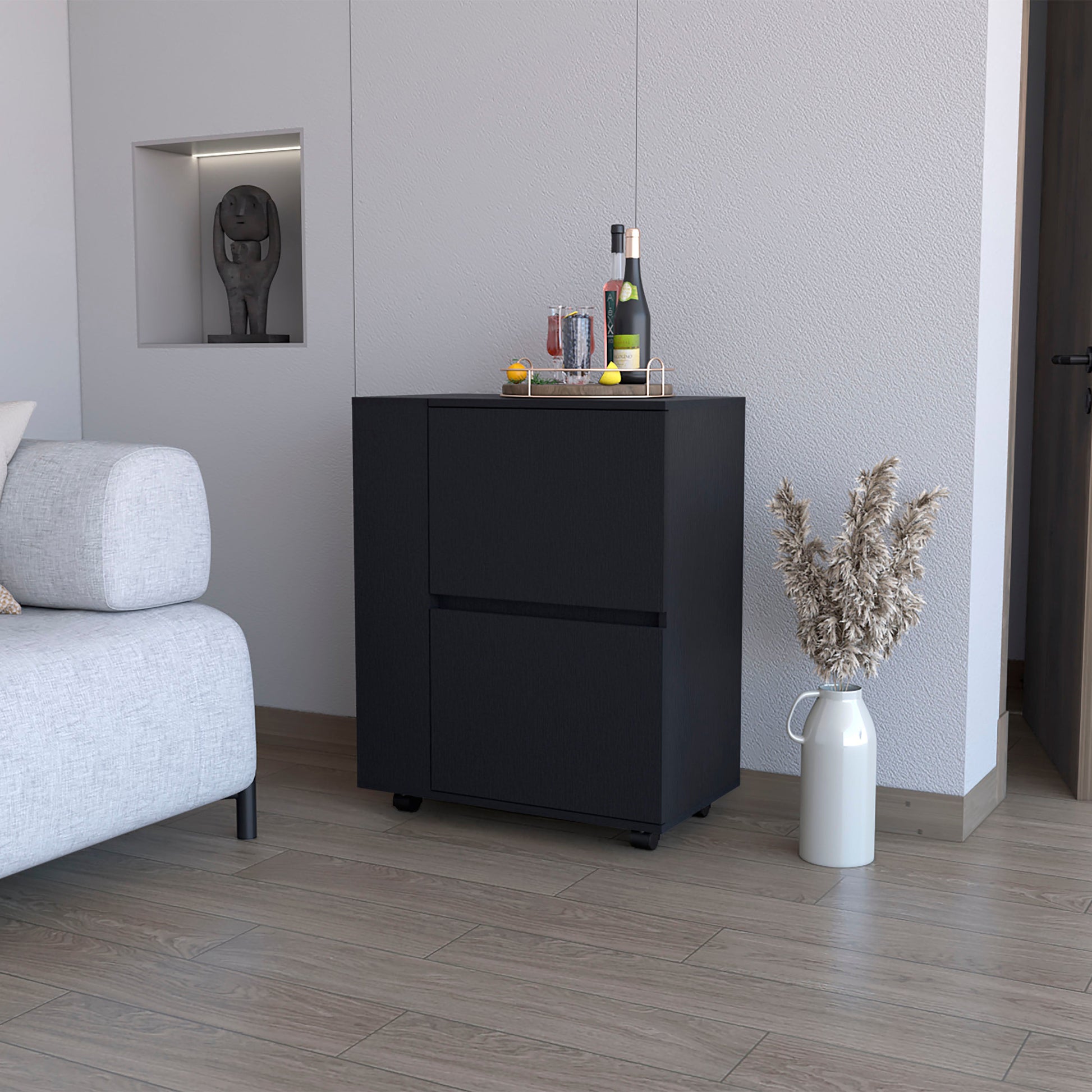 Black mobile filing cabinet with two drawers