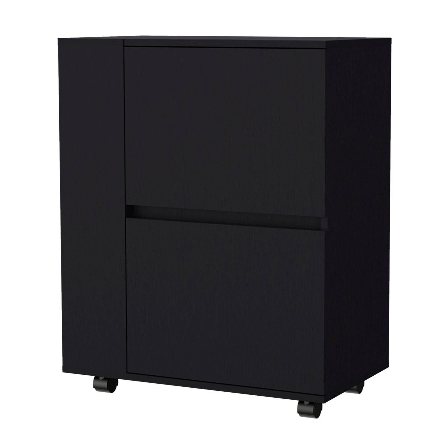 Black modern office filing cabinet with two drawers and wheels