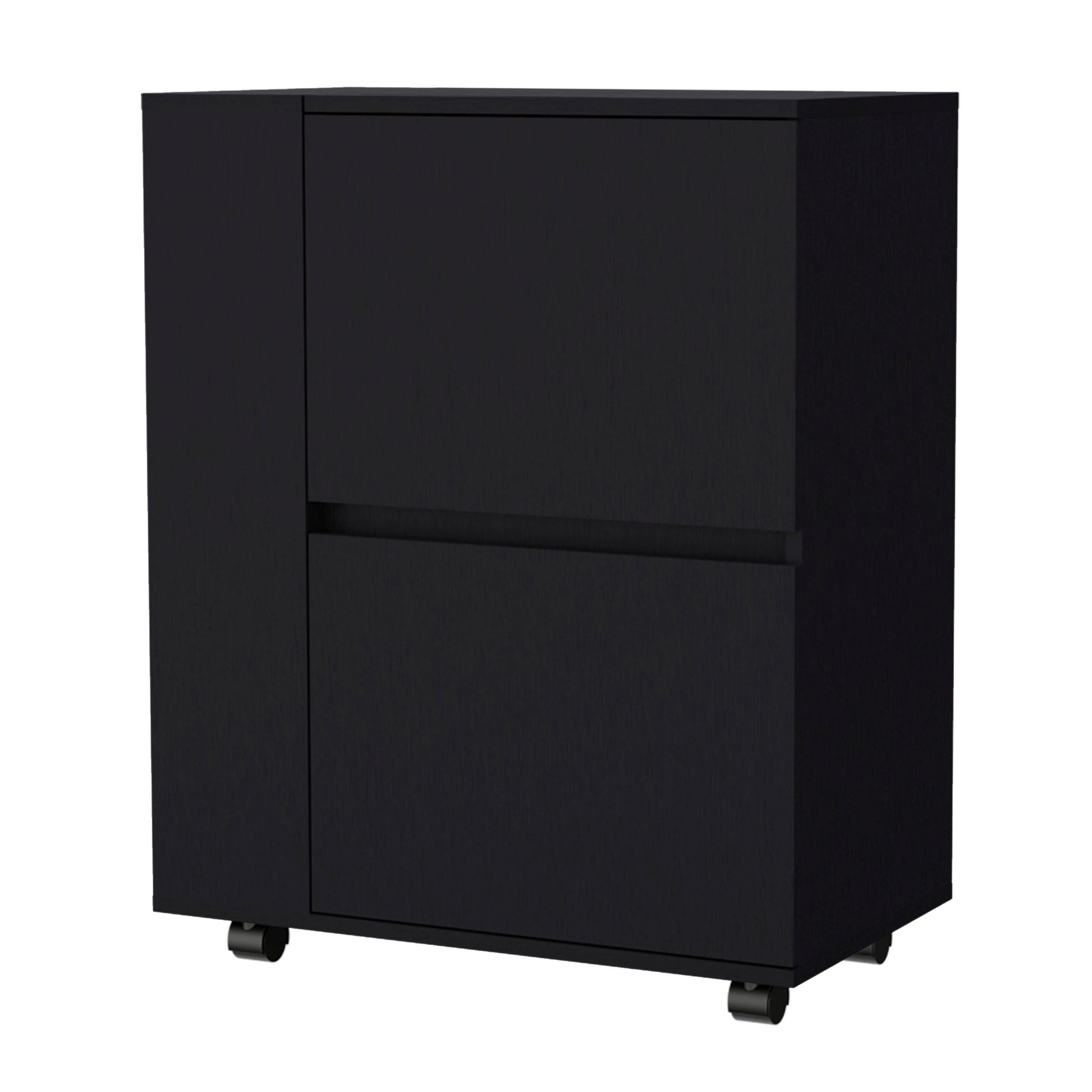Black modern office filing cabinet with two drawers and wheels