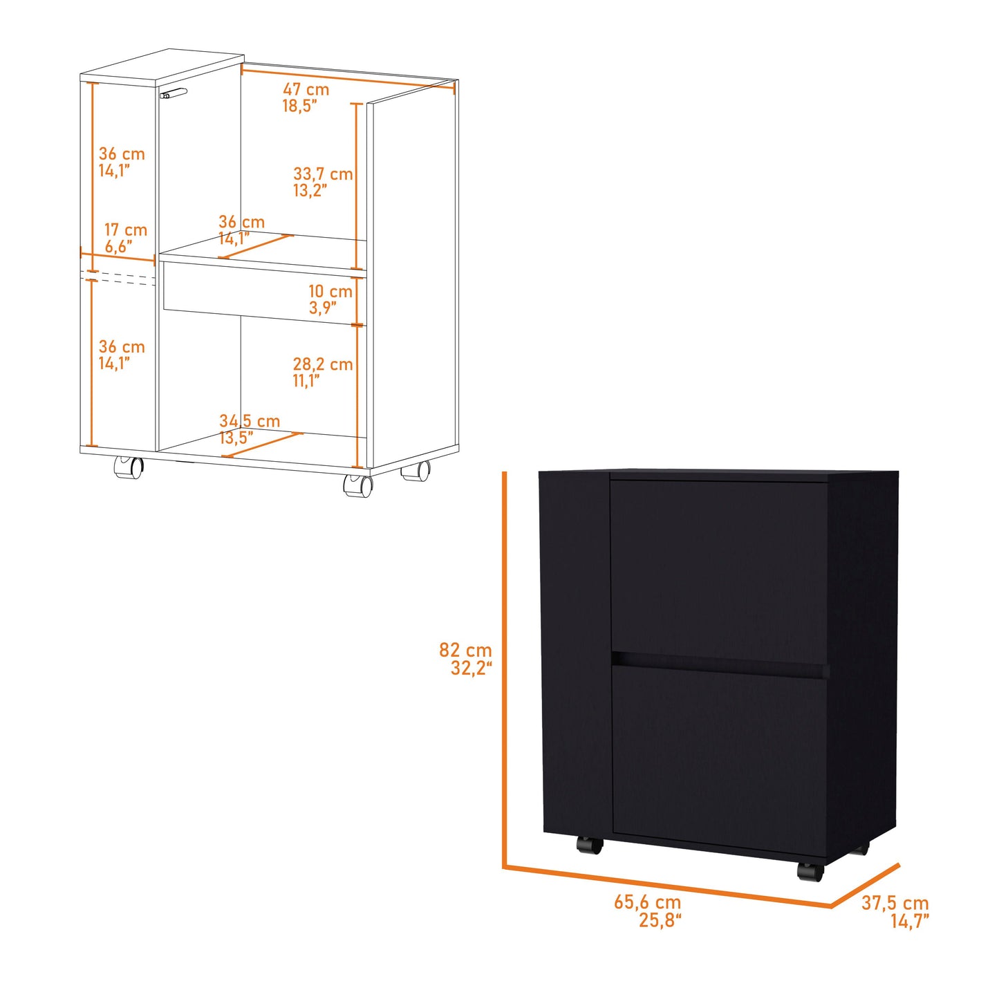 Black metal filing cabinet with two drawers and open shelf
