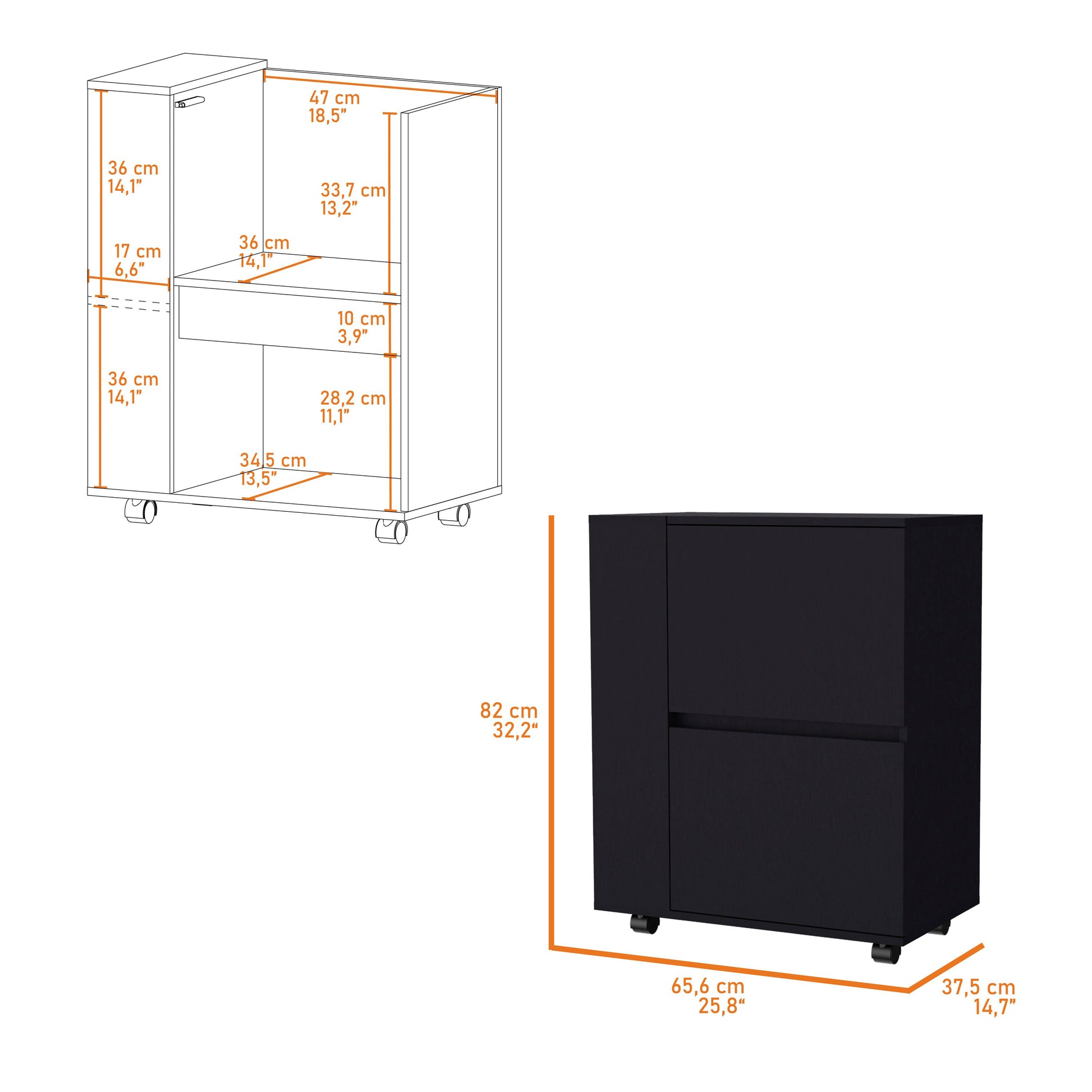 Black metal filing cabinet with two drawers and open shelf