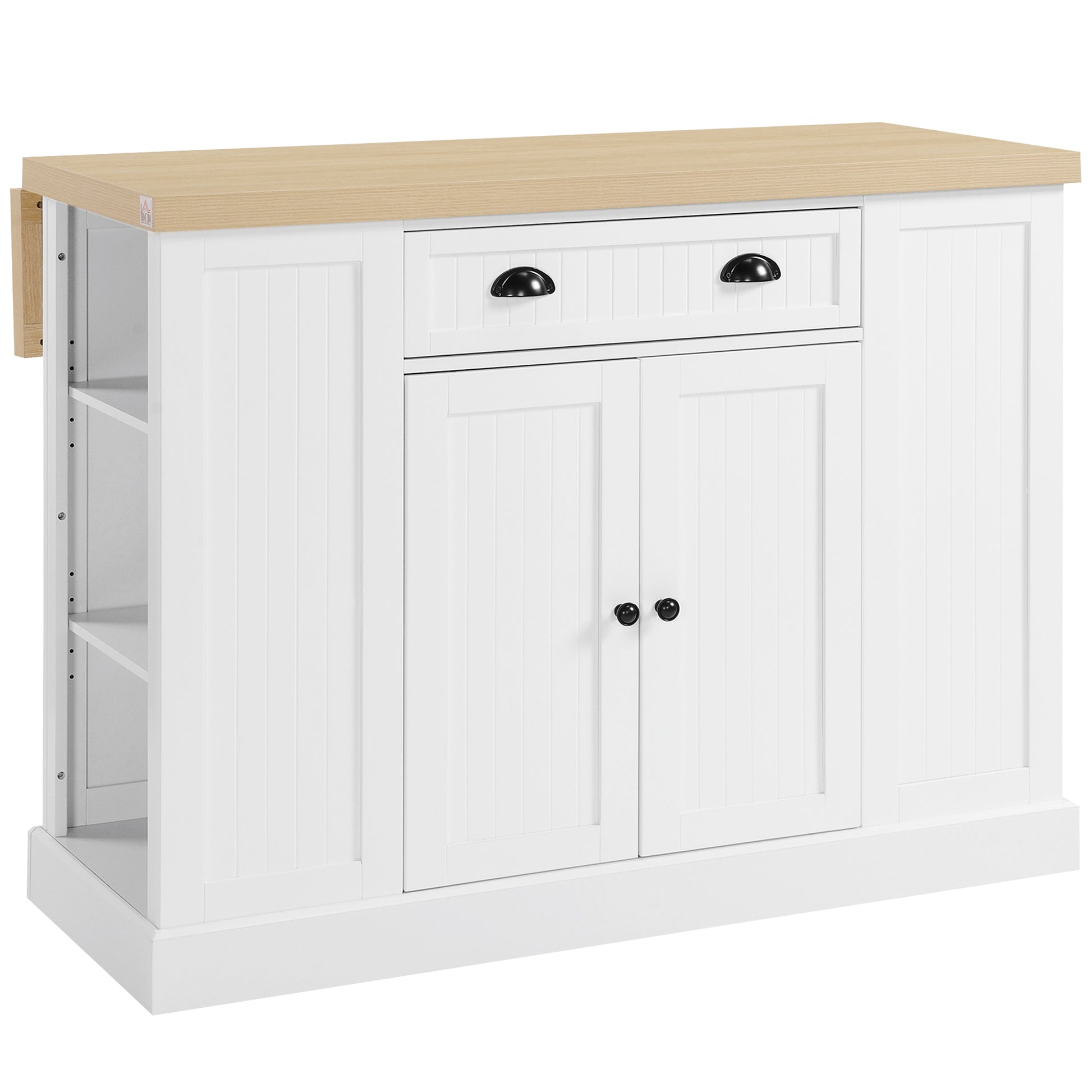 White kitchen island with drop leaf and natural wood top