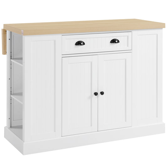 White kitchen island with drop leaf and natural wood top