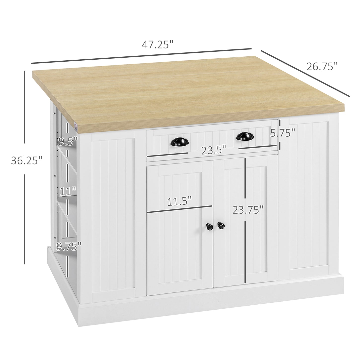 White kitchen island with natural wood top and two drawers