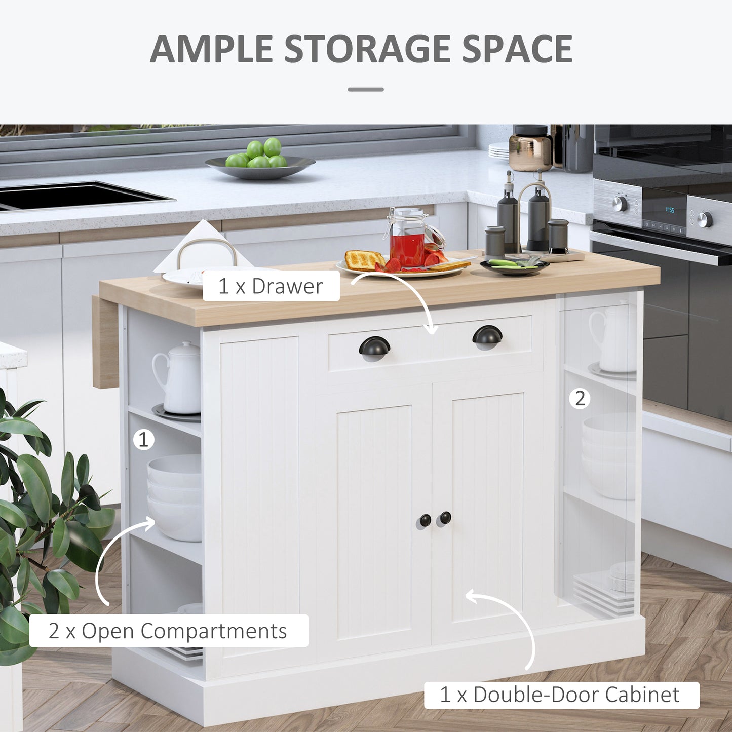 White kitchen island cart with single drawer and doubledoor cabinet