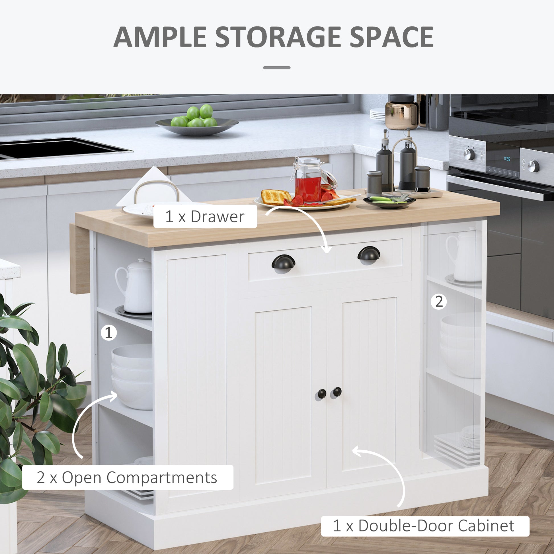 White kitchen island cart with single drawer and doubledoor cabinet