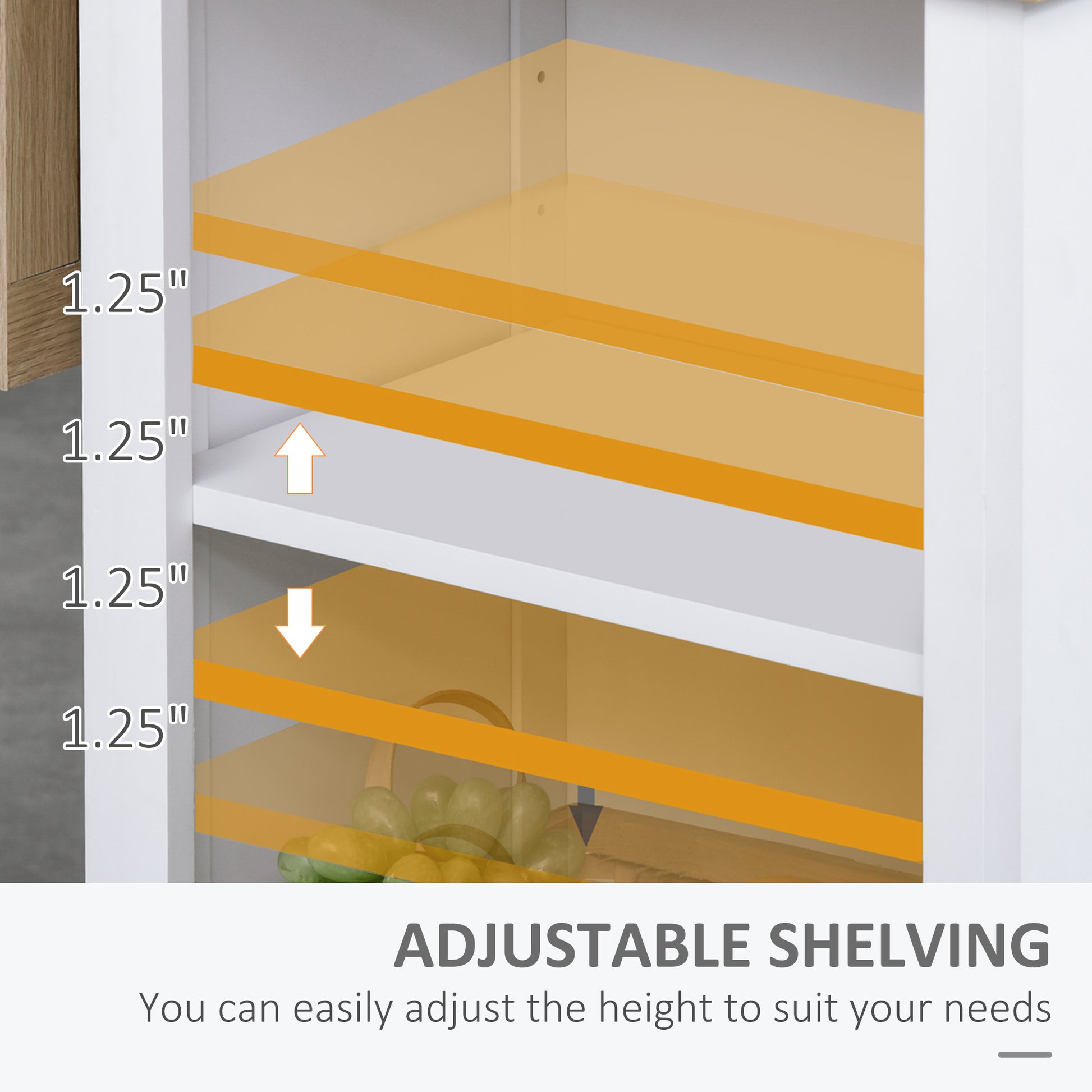 Closeup of a white cabinet interior showcasing adjustable shelving height