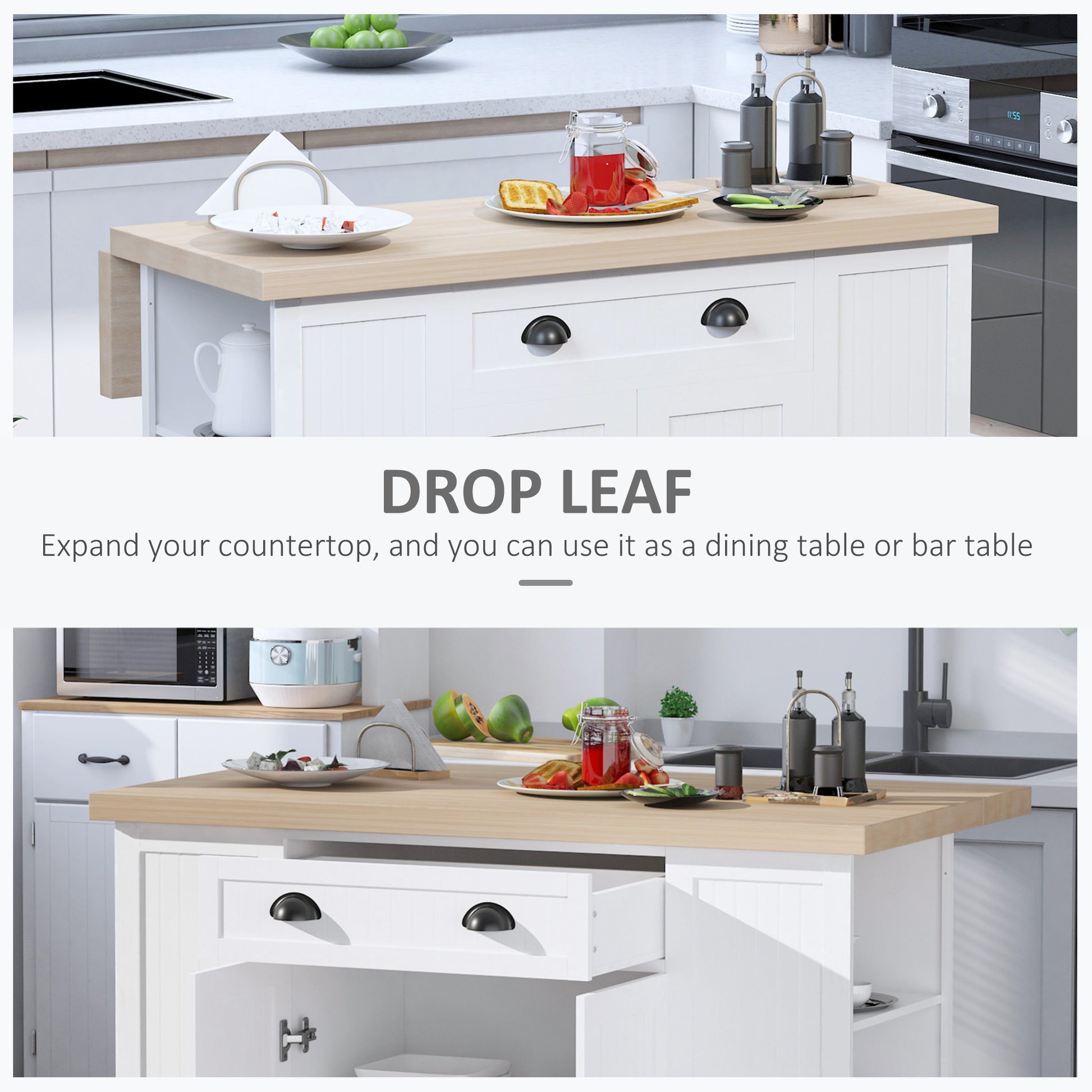 White kitchen island with a light wood drop leaf countertop