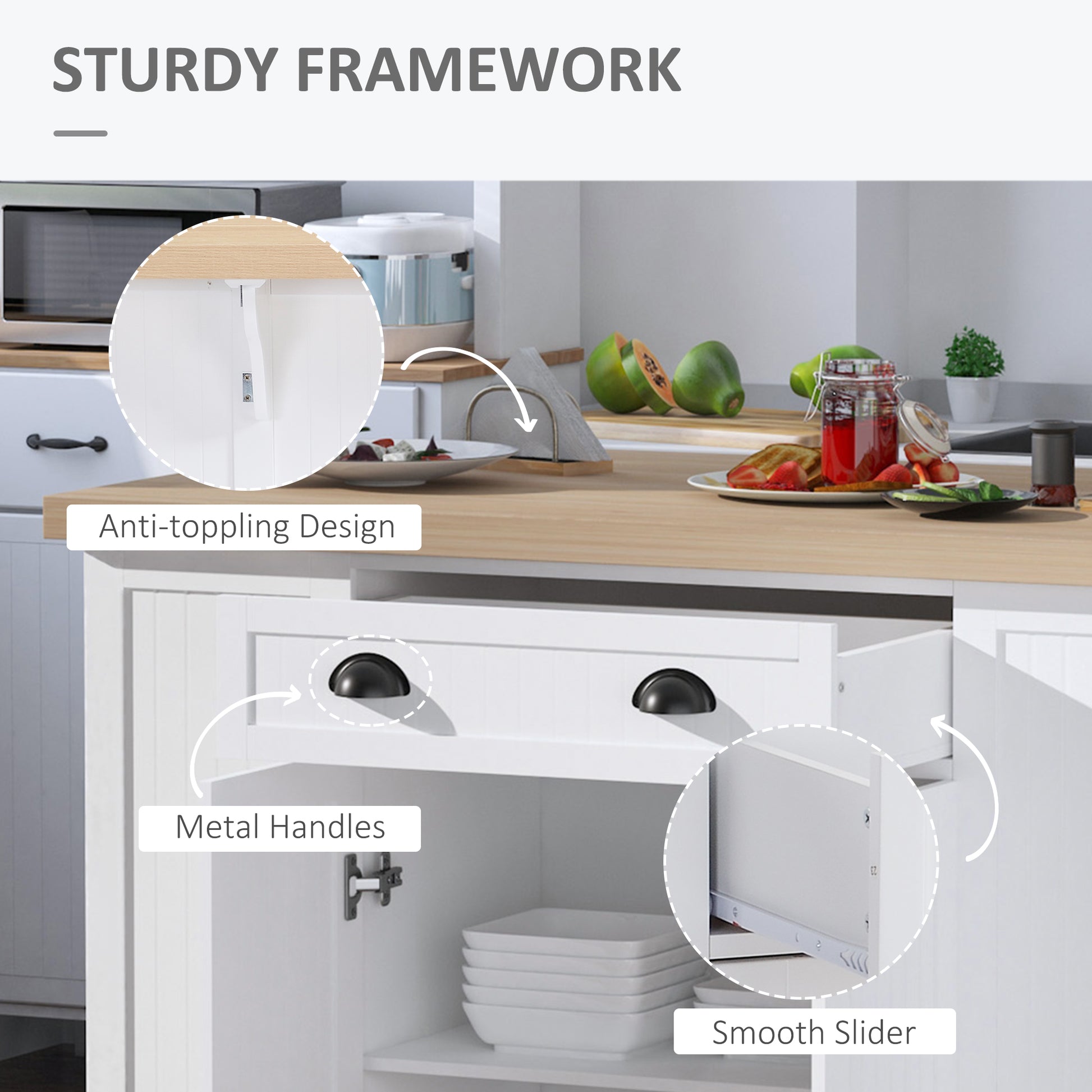 White kitchen cabinet with antitoppling safety strap detail