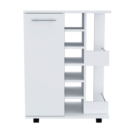 Modern white kitchen cart with silver handle and open shelves for storage