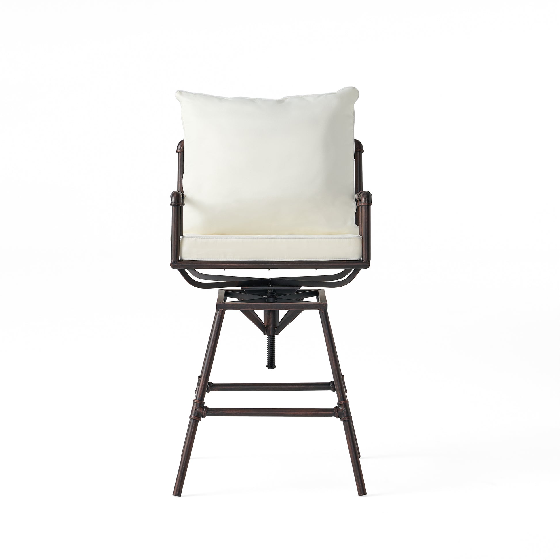 Adjustable height swivel bar stool with cream cushion and dark metal base