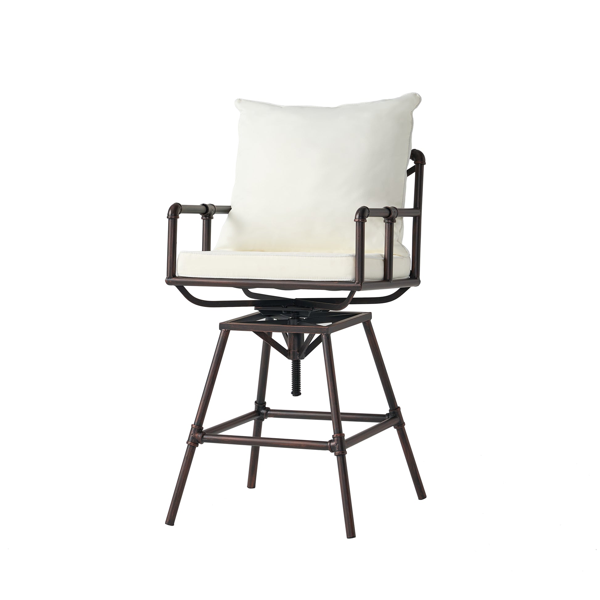 Industrial swivel bar stool with adjustable height and white seat cushion