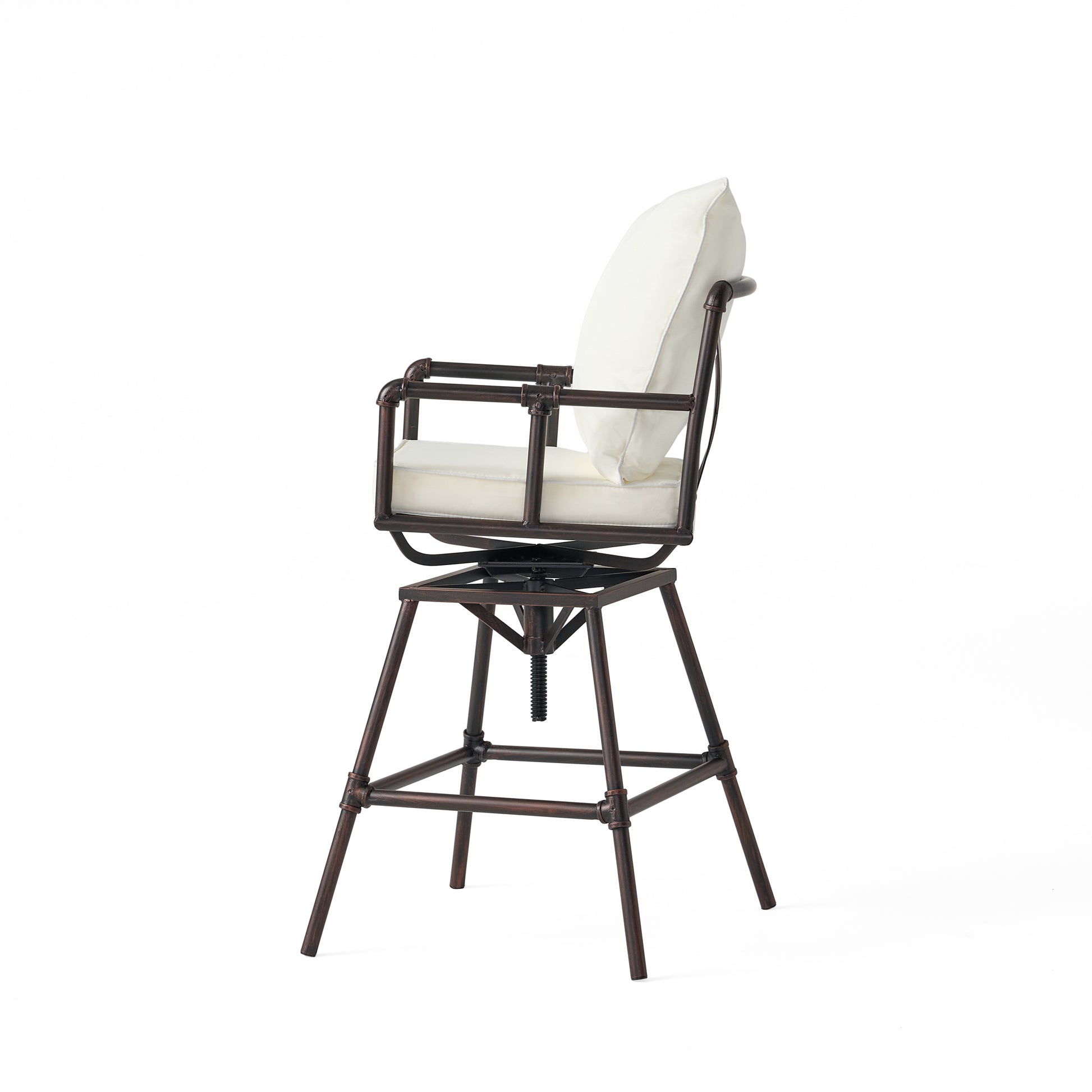 Swivel bar stool with distressed bronze industrial pipe frame and cream upholstered seat and back