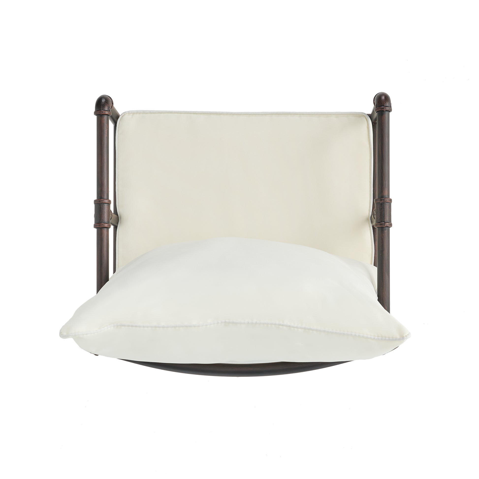 Cream upholstered metal stool with piped seat cushion