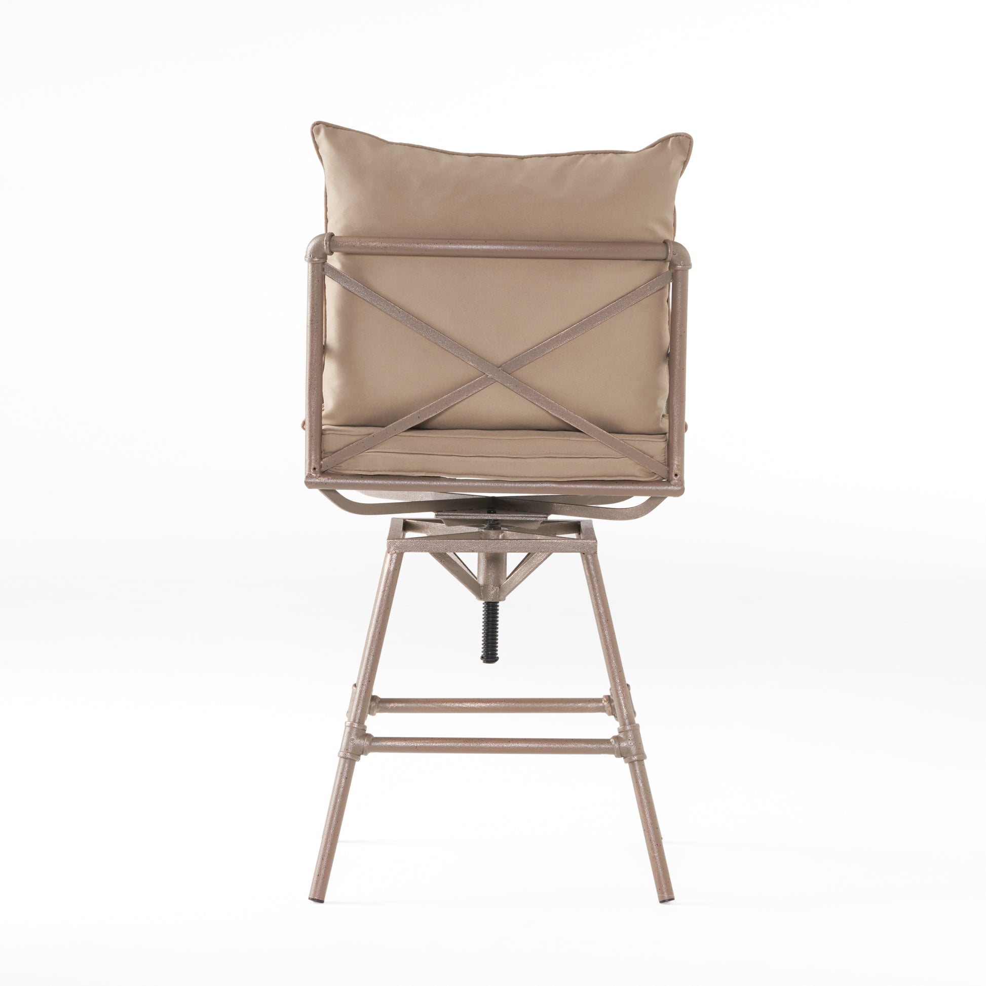 Tan upholstered swivel bar stool with industrial metal frame
