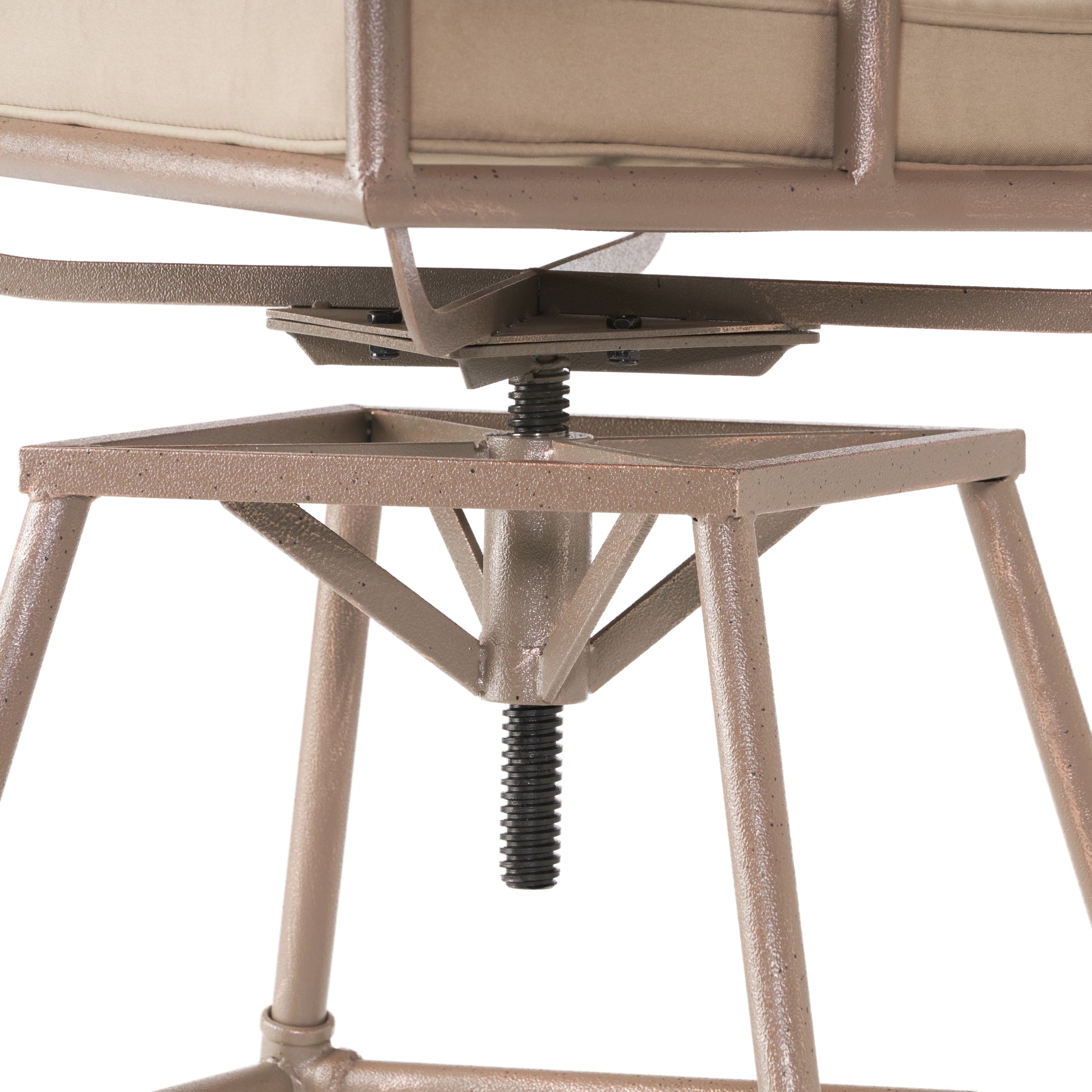 Tan upholstered swivel stool base with adjustable height screw mechanism